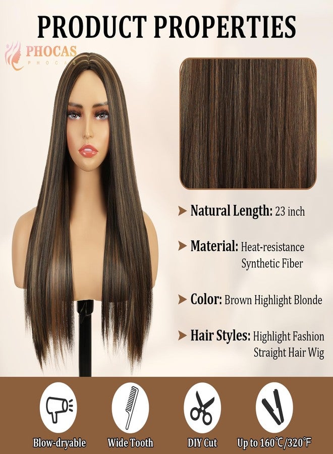 PHOCAS Long Brown Wig 23" Long Straight Brunette Wigs for Women Synthetic Chocolate Dark Brown Wigs with Highlight for Women Daily Party - Image 2